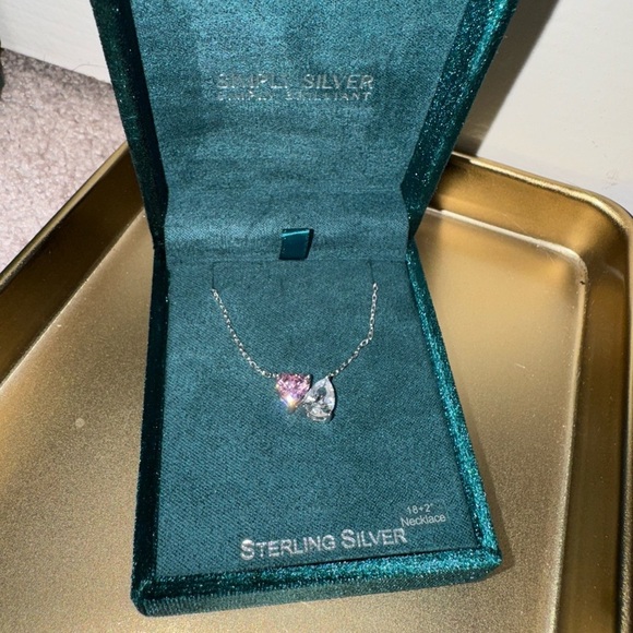 Pink Heart White Pear-Shaped Cubic Zirconia You & Me Necklace in Sterling Silver - Picture 10 of 12